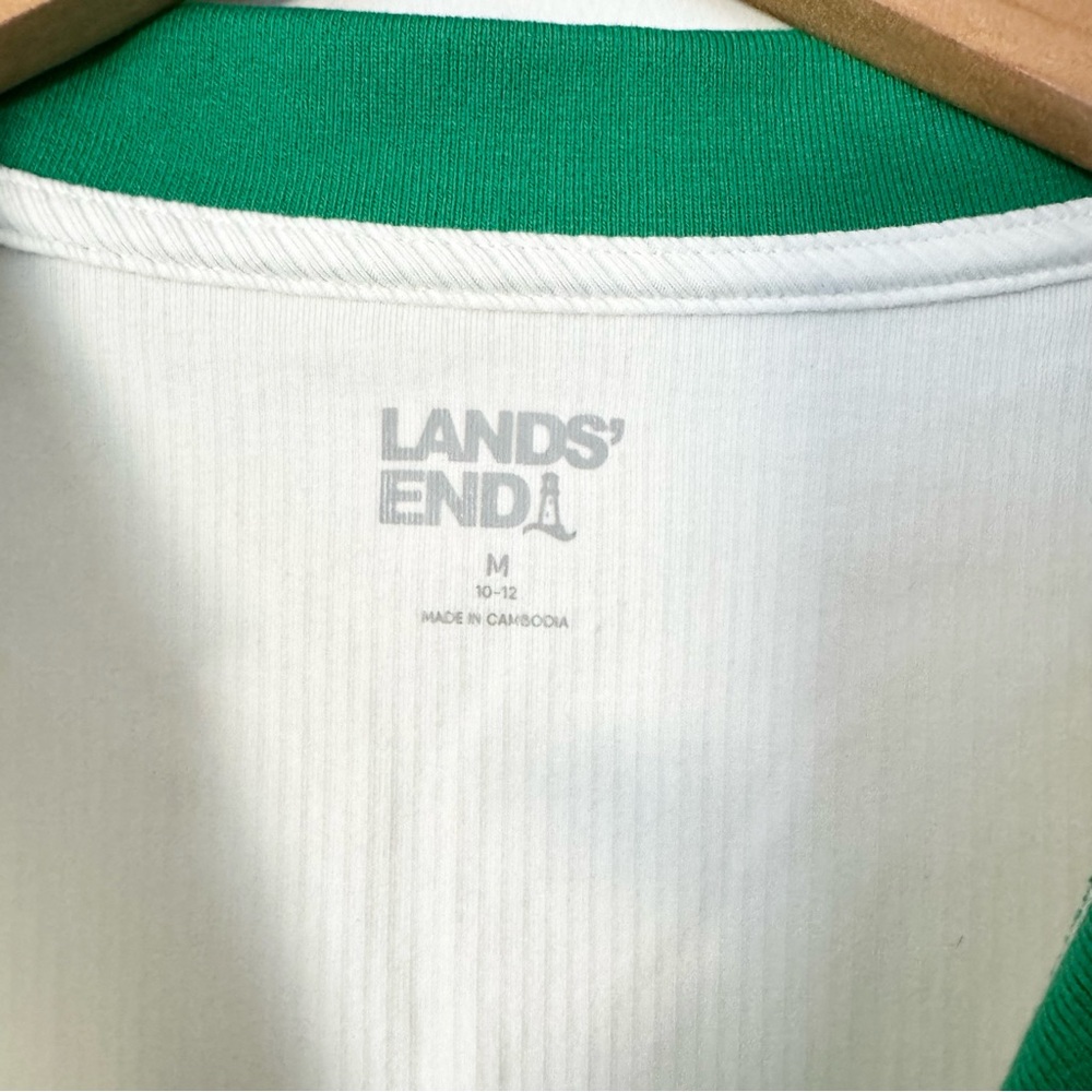 Lands' End Ribbed Polo Tee Off White Green Trim Size M - Picture 4 of 7